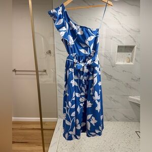 J. Crew One-Shoulder Dress in Blue and White Leaf Print